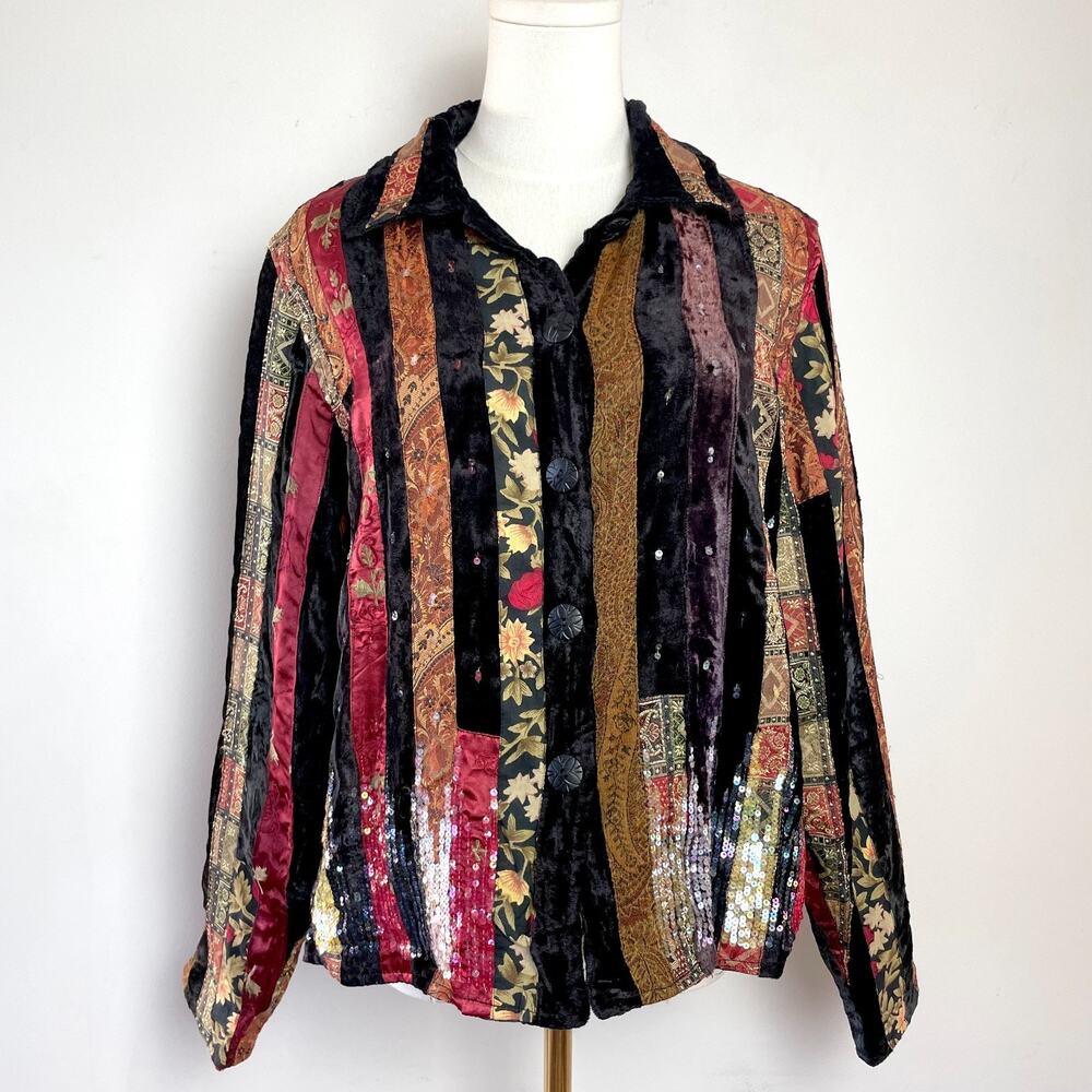 Vintage 90s Velvet Patchwork Blazer Jacket Medium Whimsigoth Ribbon Fairy Grunge